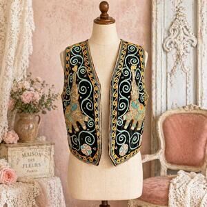 Vintage Kalaga Elephant Vest Black Velvet 3D Sequin Embroidered Handmade India